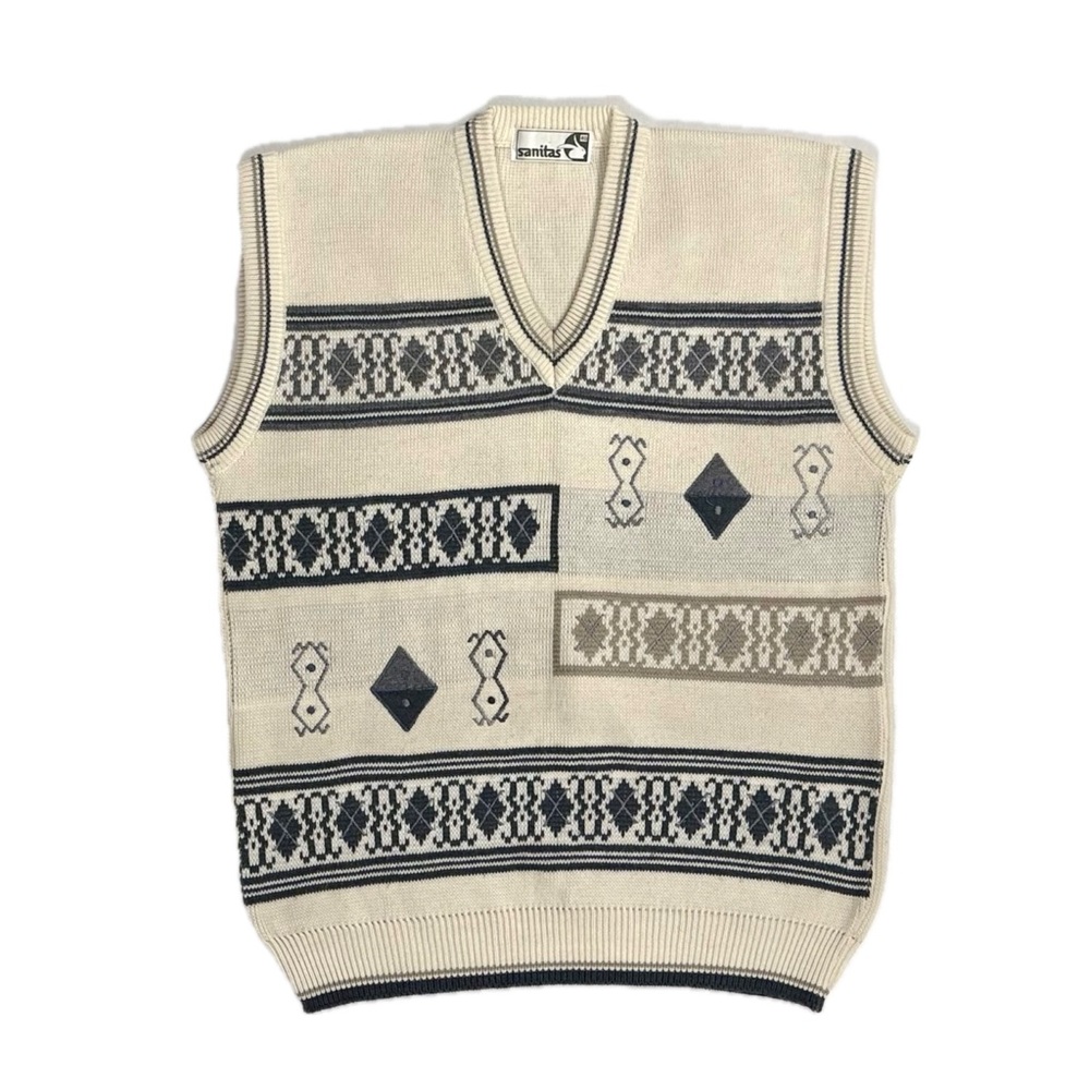 Vintage‎ Sanitas wool blend cream argyle knit sweater vest men's large